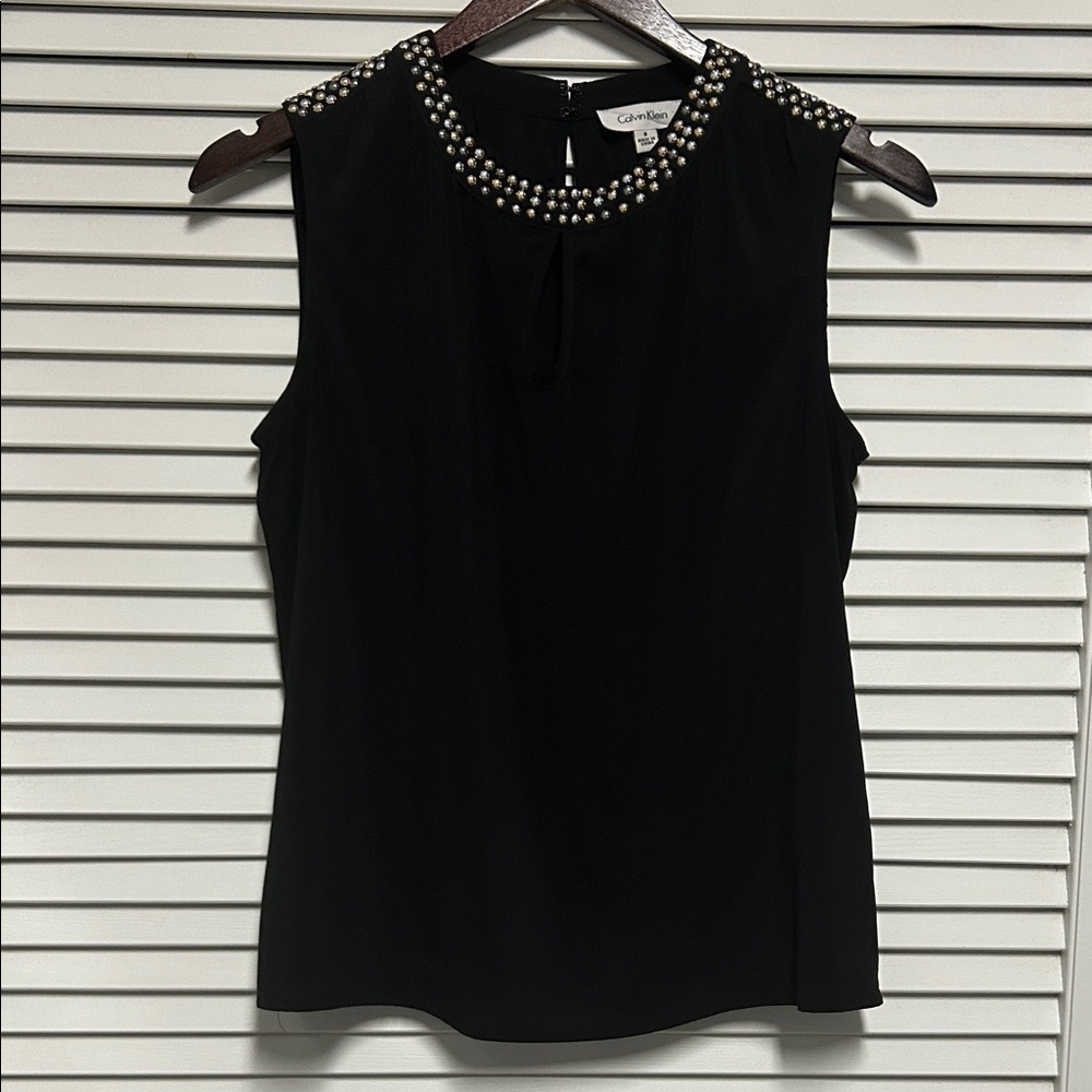 Calvin Klein Sleeveless Black Top with Studded Silver/Gold Neckline